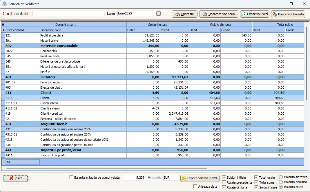 Balanța de verificare în Smartis ERP