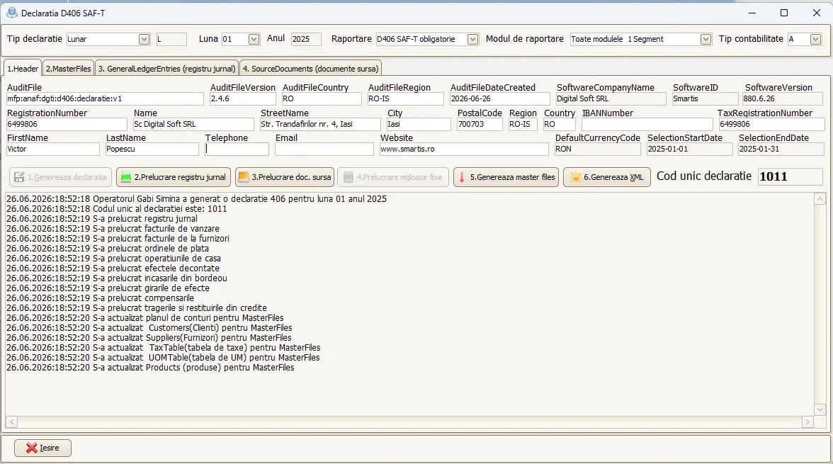 Declarația SAF-T D406 — Header în Smartis ERP