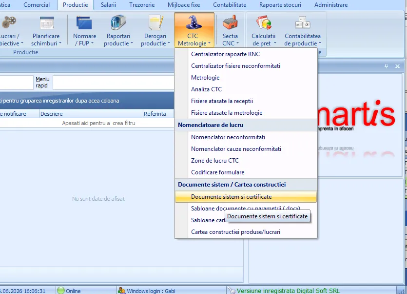 Meniul Producție din Smartis ERP
