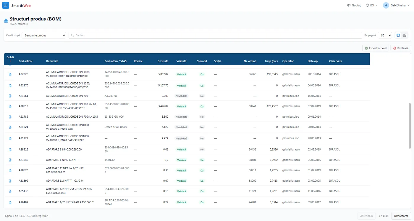 Lista structurilor de produs (BOM) în SmartisWeb