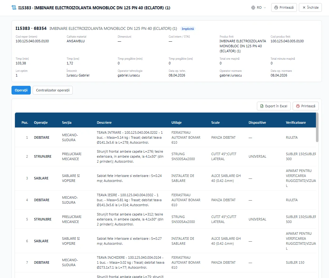 Detaliul unei fișe tehnologice în SmartisWeb